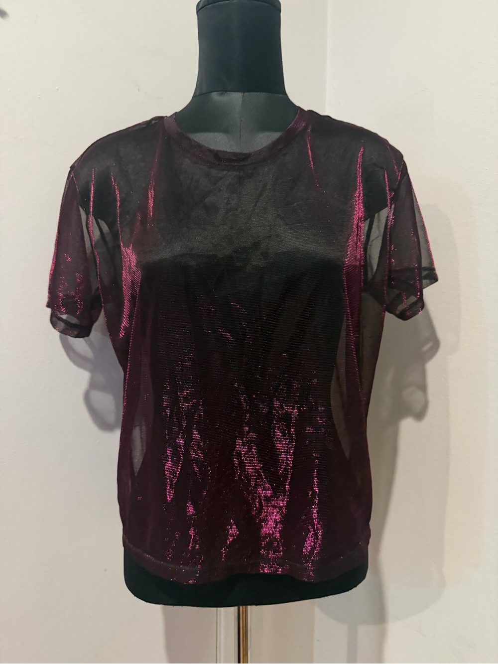 Divided H&M black sheer mesh metallic pink short sleeve tee top S Small blouse